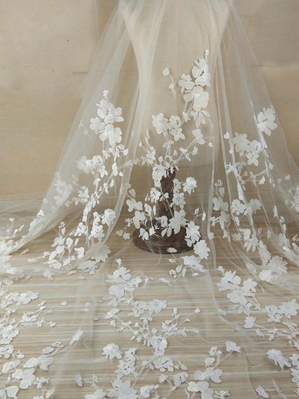 Floral Appliqué Lace Tule Sheer Off-White Fabric